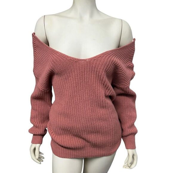 Forever 21 Pink Knit Off the Shoulder Sweater Open Back Cute Sexy Jumper - Picture 3 of 7
